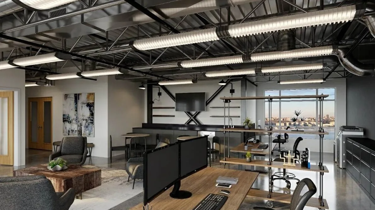 Completed office interior with exposed black ceiling services and timber flooring