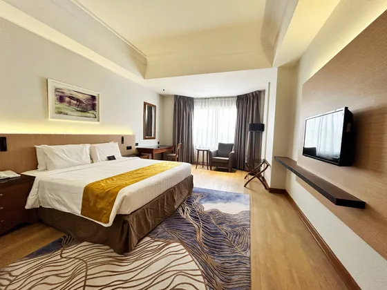 Completed hotel guest room, timber wall panelling and patterned carpet